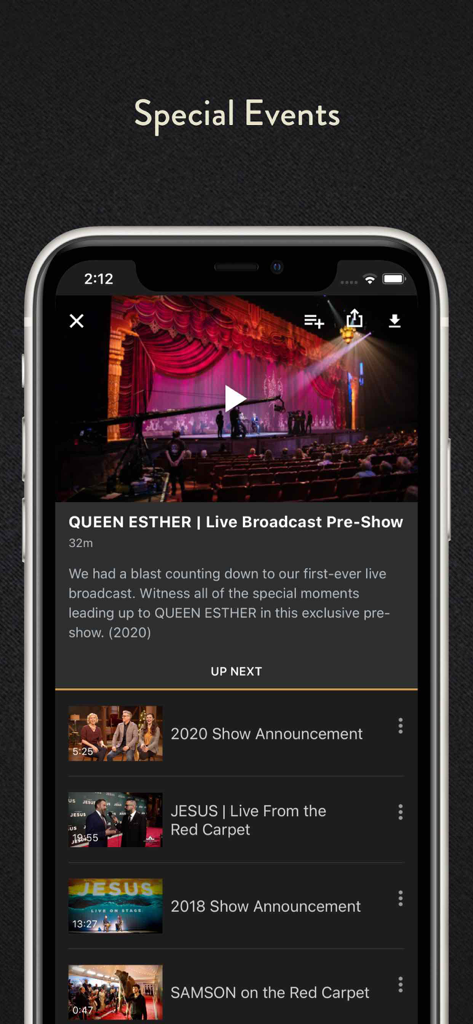 Sight & Sound TV - Pantalla de la aplicación Sight and Sound TV que muestra eventos especiales y videos de transmisión en vivo como Queen Esther y Jesus.