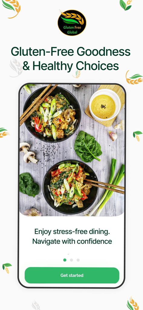 Pantalla de bienvenida de la aplicación Gluten Free Global que muestra comidas saludables sin gluten y un botón para empezar.