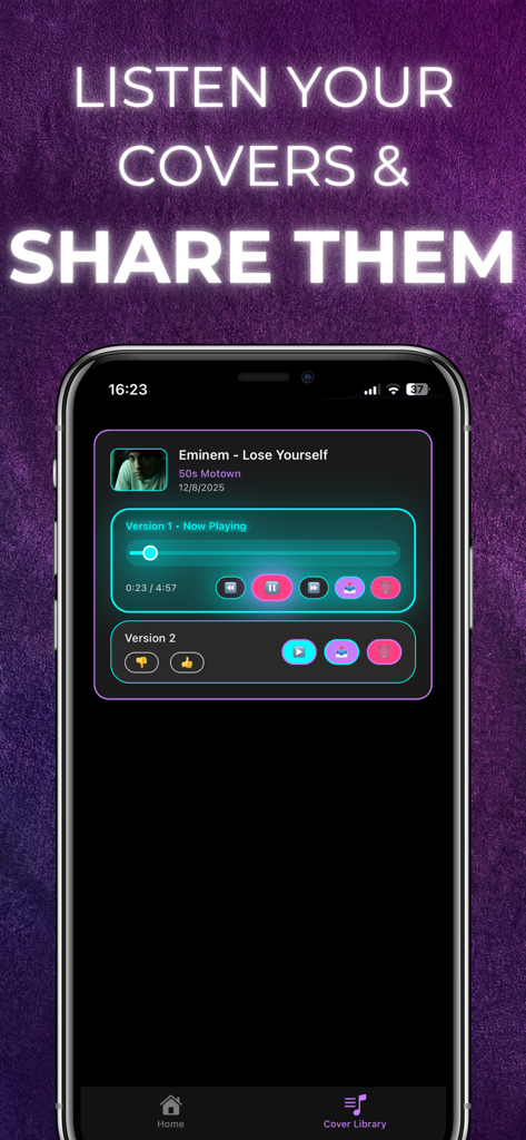 Mobile app interface showing an AI-generated cover of Eminem's Lose Yourself in 50s Motown style with options to play and share.