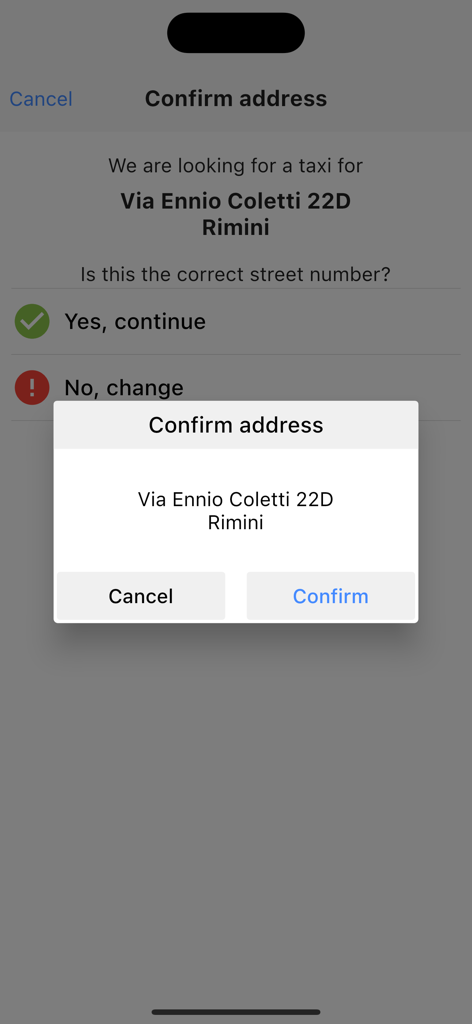 TAXI RIMINI - A screen from the Taxi Rimini app showing a confirmation popup for a street address in Rimini Italy
