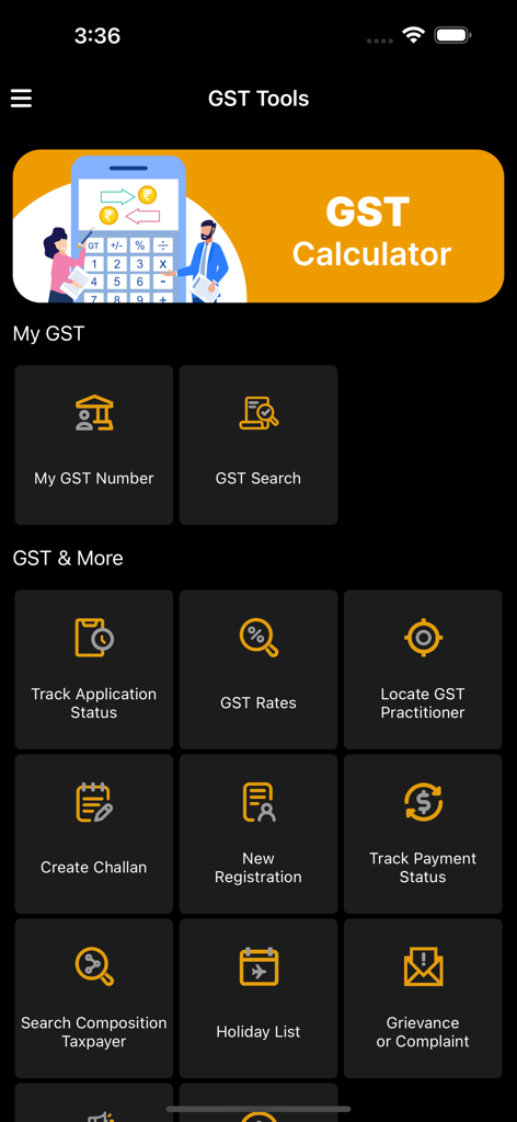 Gst Calculator - Tax Clac - Haupt-Dashboard der GST-Calculator-App, das Funktionen wie den Status der Steuerdatensatzanwendung und die Zahlungsverfolgung anzeigt