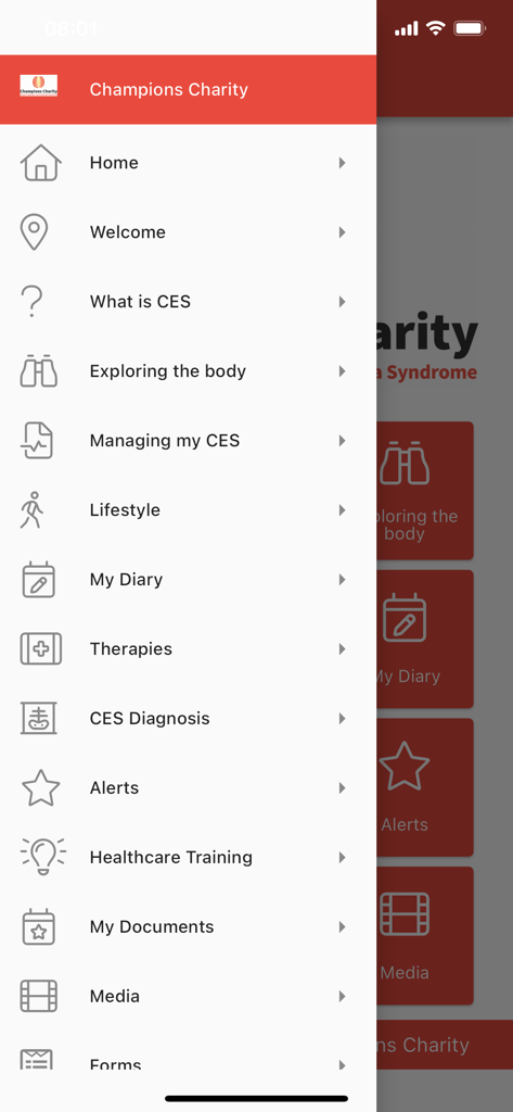 CaudaEquina - Navigation menu for the Cauda Equina app featuring patient tools like My Diary and healthcare resources