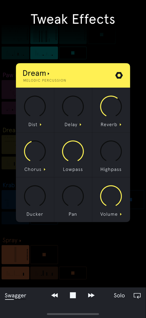 Interface of the Auxy Studio app showing adjustable music production effects like reverb delay and filters