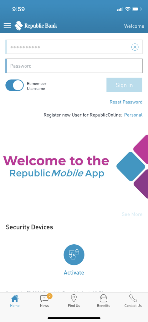 Login screen of the RepublicMobile TT app showing username and password entry fields and a sign in button