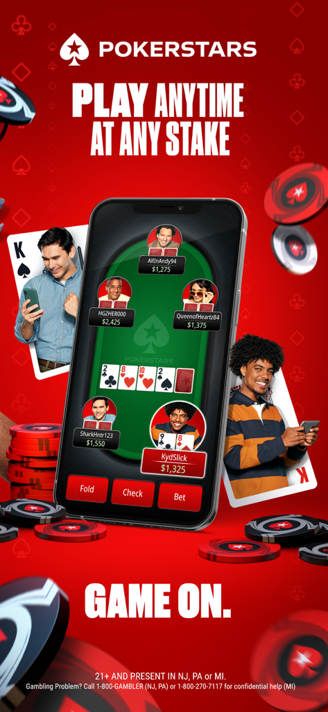 プレイヤーとポーカーチップが表示されたPokerStarsアプリのライブリアルマネーポーカーゲームを表示するスマートフォン