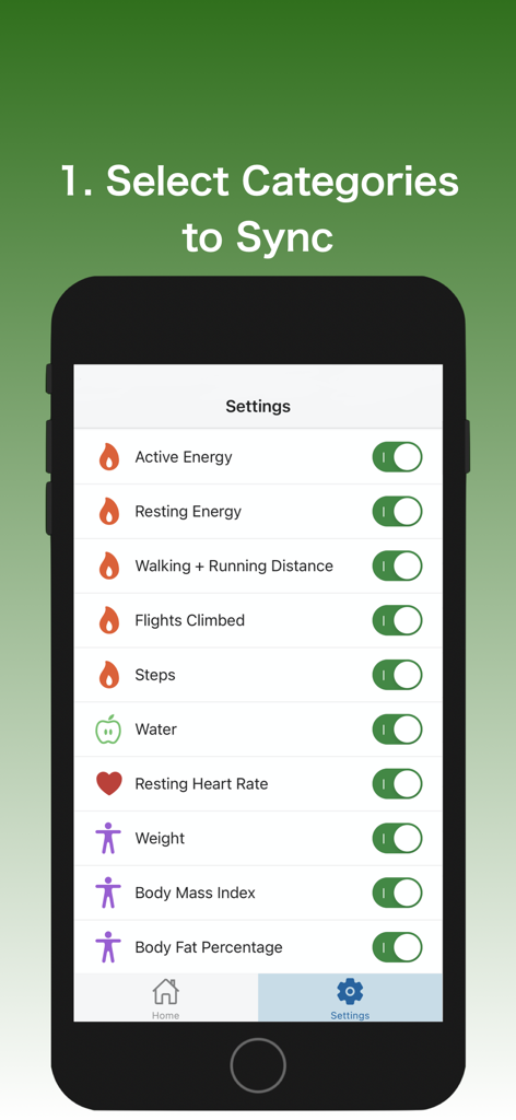 Pantalla de configuración de la aplicación que muestra varias categorías de datos de salud como pasos y frecuencia cardíaca con interruptores para la sincronización.