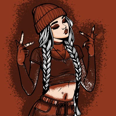 realistic teenage girl with braids and a beanie and crop top doing 🫶🏼