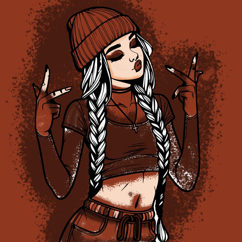 realistic teenage girl with braids and a beanie and crop top doing 🫶🏼
