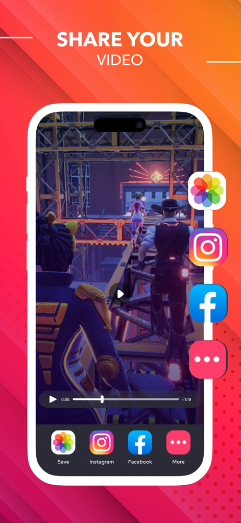 Screen Recorder ® - Interfaccia dell'app mobile Screen Recorder per la condivisione di un video di gioco registrato su piattaforme di social media come Instagram e Facebook