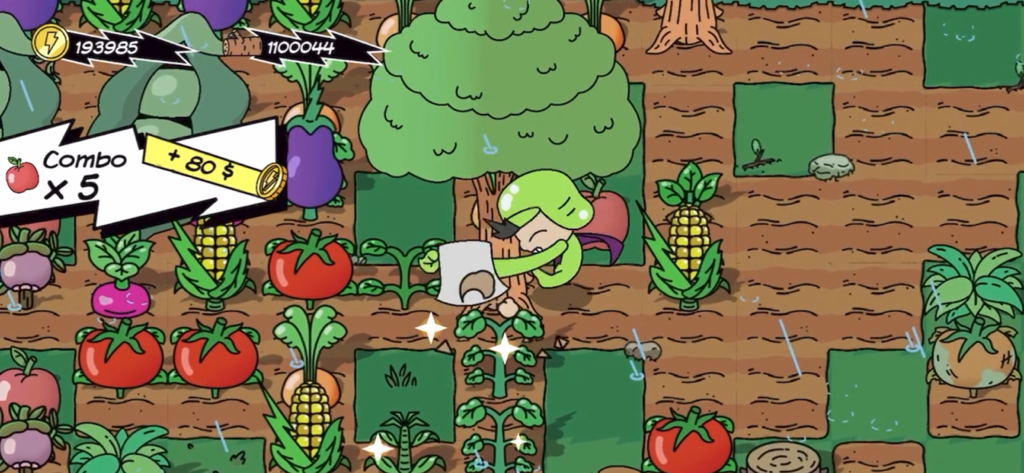 A gameplay screenshot of Super Farming Boy showing a combo harvest of various crops like tomatoes and corn with a character in a green suit.