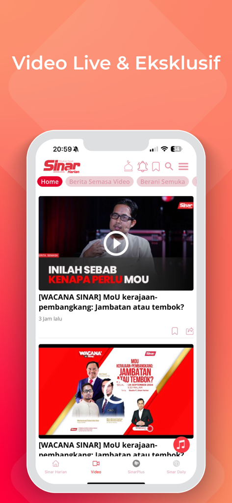 Sinar Harian app interface displaying exclusive live news videos and discussion segments in Malay