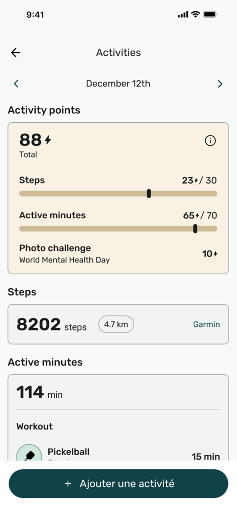 Propulsion - Propulsion app dashboard showing activity points steps and workout minutes tracking