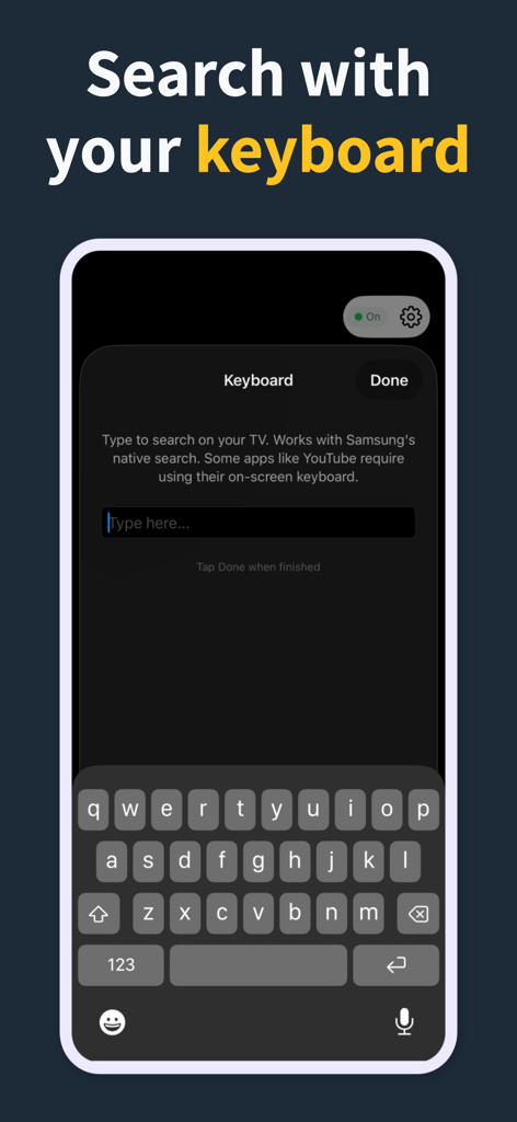 Remote Control for TV Pro - Interfaz de la aplicación Control Remoto para TV Pro mostrando la función de teclado de búsqueda en la pantalla de un iPhone