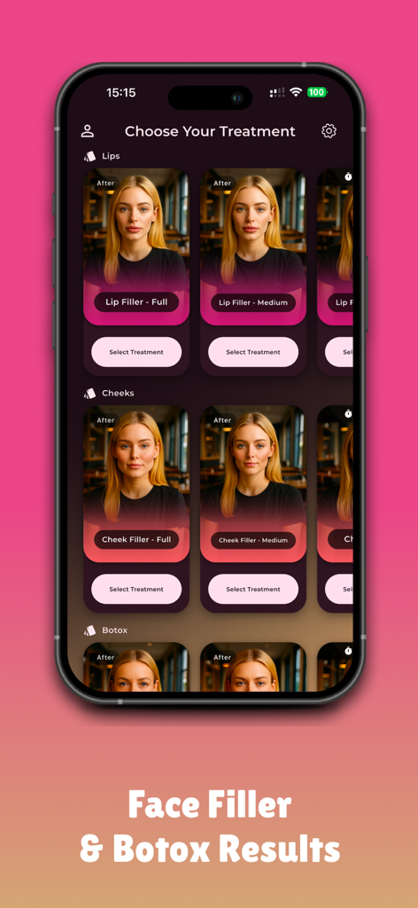 다양한 입술 및 볼 필러 시술 옵션을 보여주는 보톡스 및 얼굴 필러 시뮬레이터 앱의 인터페이스.