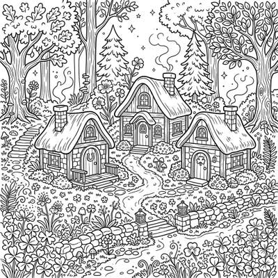 Step into a magical world with this enchanting coloring page featuring charming leprechaun cottages nestled in a vibrant forest. Unleash your creativity and bring this delightful scene to life with your favorite colors.