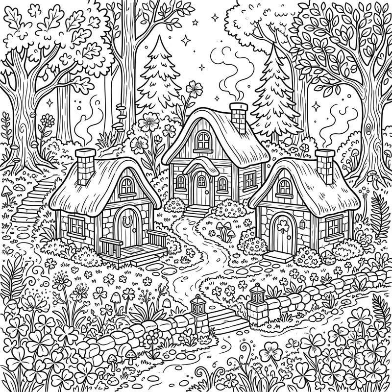 Step into a magical world with this enchanting coloring page featuring charming leprechaun cottages nestled in a vibrant forest. Unleash your creativity and bring this delightful scene to life with your favorite colors.
