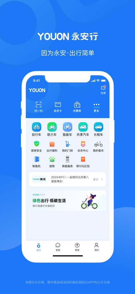 Home screen of the Youon mobility app displaying icons for shared bikes and cars