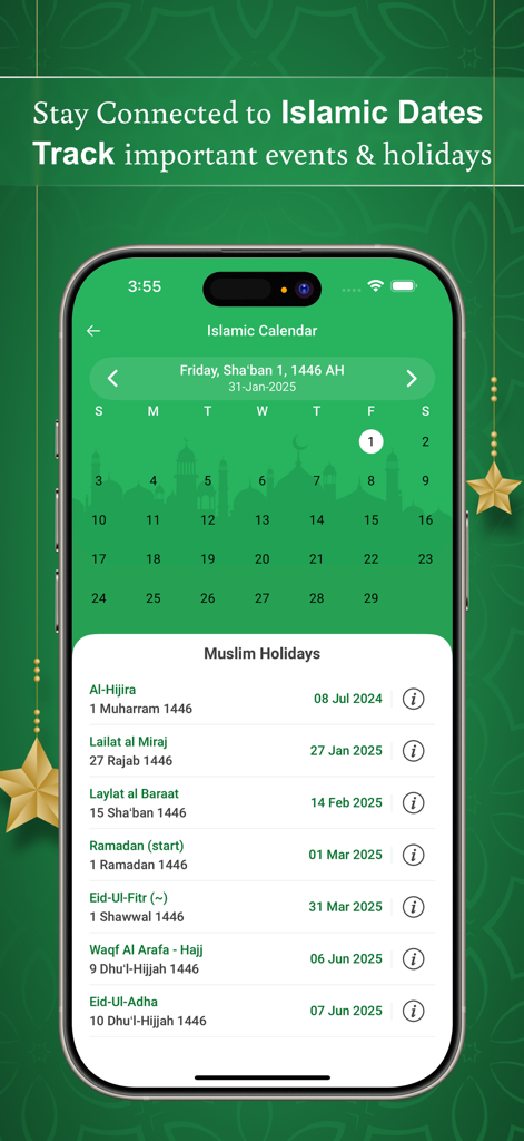 Muslim Prayer Times - Athan - Interface affichant le calendrier hégirien islamique et une liste des prochaines fêtes musulmanes avec leurs dates.