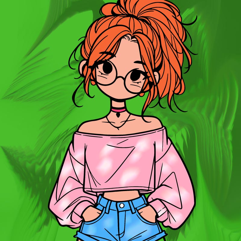 girl with a messy ponytail glasses a baggy crop top and jean shorts
