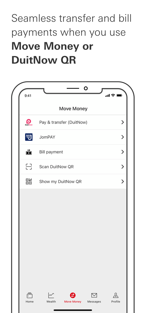 HSBC Malaysia - HSBC Malaysia mobile banking app Move Money screen with DuitNow and bill payment options