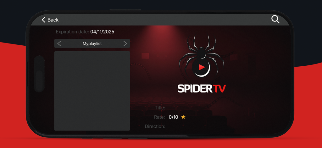Interface do player IPTV The Spider HD mostrando as configurações da playlist e o logotipo da aranha