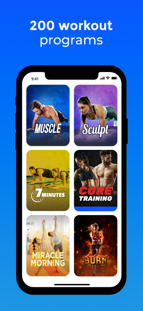 FizzUp - Workouts & Nutrition - A smartphone screen displaying various fitness categories in the FizzUp app including Muscle Sculpt and Core Training