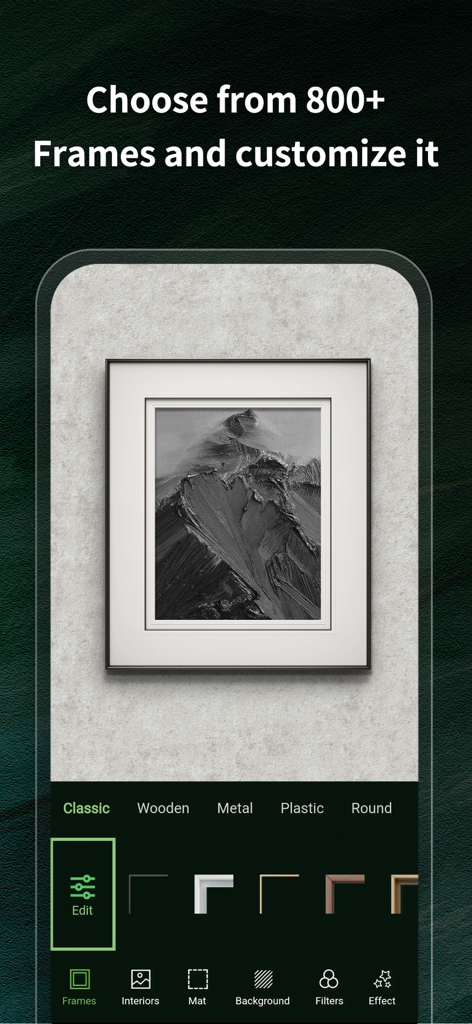 Frameit:Framed Art &Video edit - Frameit mobile app screen showing how to choose and customize art frames