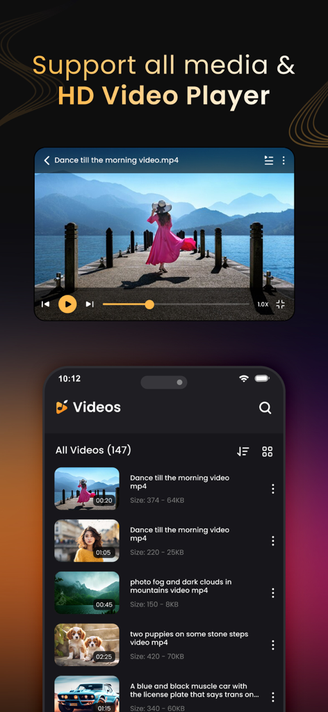 Music Player & MP3 Player ‣ - Interfaz de aplicación móvil que muestra un reproductor de vídeo HD y una lista organizada de la biblioteca de vídeos.