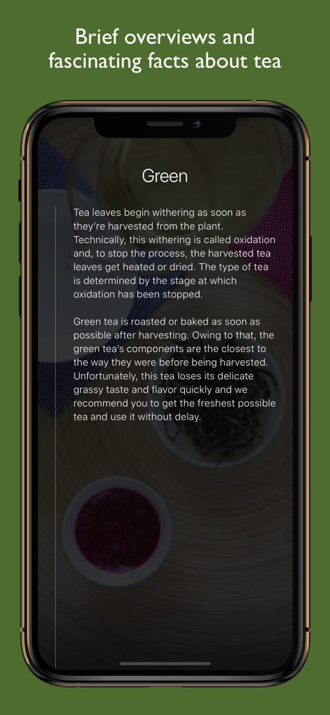 Bildungsbildschirm aus The Tea App, der den Oxidations- und Ernteprozess von grünem Tee auf einer iPhone-Benutzeroberfläche erklärt