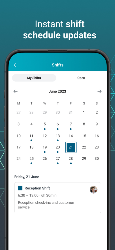 Beekeeper - Digital Workplace - Beekeeper app interface showing a monthly calendar with scheduled work shifts