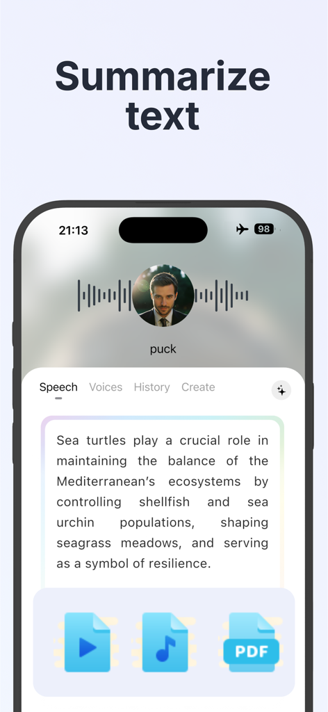 Koro Voices: Text to speech - Interfaz de la aplicación Koro Voices que muestra la función de resumen de texto para documentos en una pantalla de iPhone.