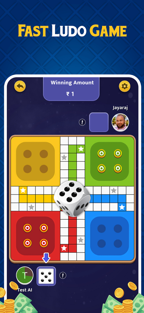 Ludo - 2 Player Games - A fast gameplay screenshot of Ludo 2 Player Games featuring a colorful board and a rolling die.