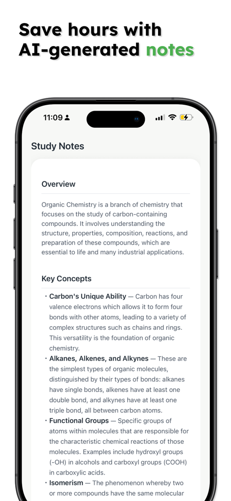 Memorize - Study Smarter - Uma interface de aplicativo móvel exibindo anotações de estudo geradas por IA para Química Orgânica com seções para Visão Geral e Conceitos-Chave.