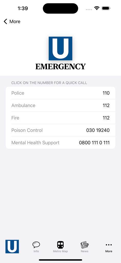 Nuremberg Subway Map - Notrufnummern für Polizei, Krankenwagen und Feuerwehr in der Nürnberg U-Bahn-Map-App