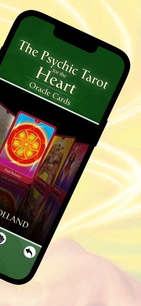 The Psychic Tarot for Heart - Interface of The Psychic Tarot for the Heart app showing oracle cards like Find Balance and Reach Out on an iPhone