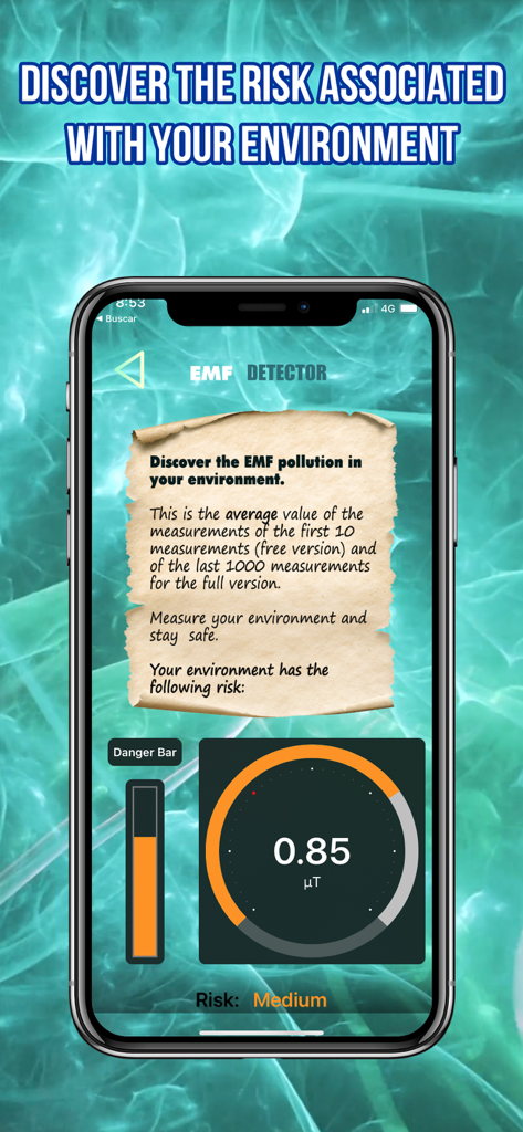 EMF Meter Scanner Detector app screen with a medium risk electromagnetic field measurement
