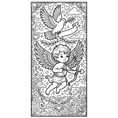 Unleash your creativity with this delightful coloring page featuring Cupid and a dove, designed perfectly as a bookmark. Dive into a world of intricate details, from swirling hearts to graceful birds, all awaiting your personal touch.