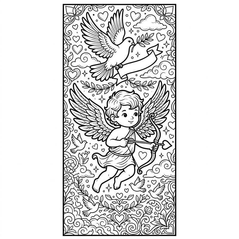 Unleash your creativity with this delightful coloring page featuring Cupid and a dove, designed perfectly as a bookmark. Dive into a world of intricate details, from swirling hearts to graceful birds, all awaiting your personal touch.