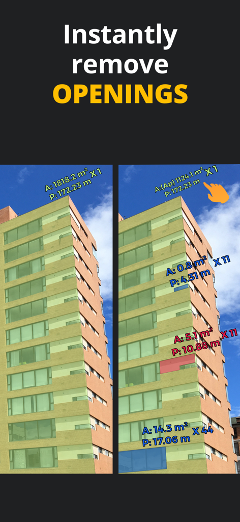 MIDDELO Facade Measuring Tool - Side-by-side comparison showing the MIDDELO app instantly subtracting window and door openings from total building surface area measurements.