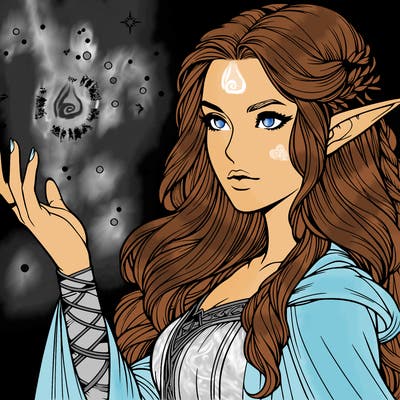realistic beautiful elven female made chaos sparks spells