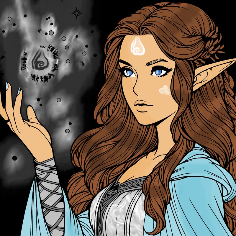 realistic beautiful elven female made chaos sparks spells