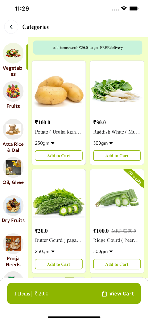 Smart Supermarket mobile app screen showing a variety of fresh vegetables with prices and add to cart options