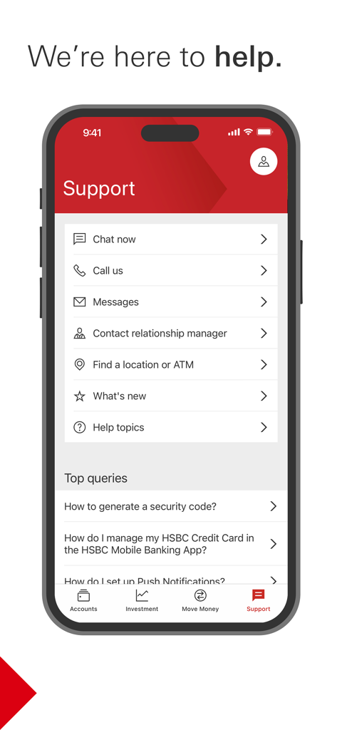 HSBC US - HSBC US app support interface showing customer service contact options and FAQs