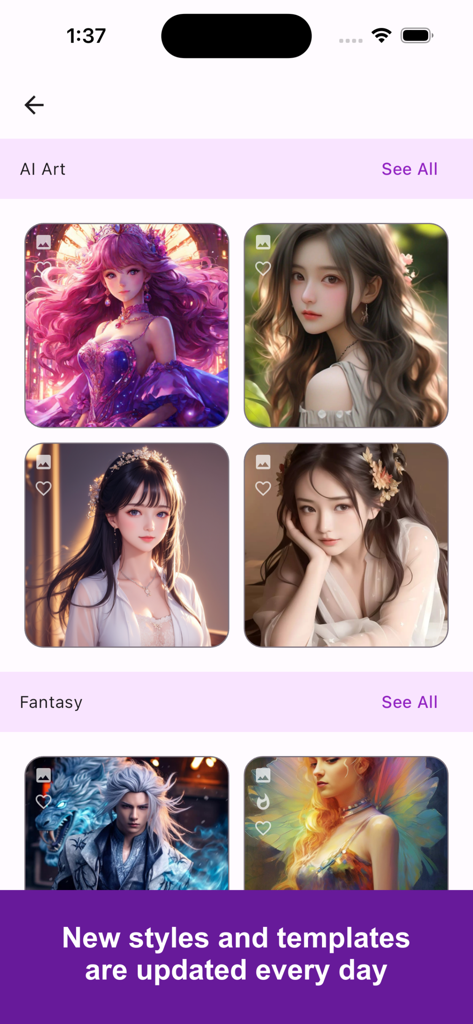 Uma galeria de modelos de arte com IA e retratos de fantasia no aplicativo FaceTool