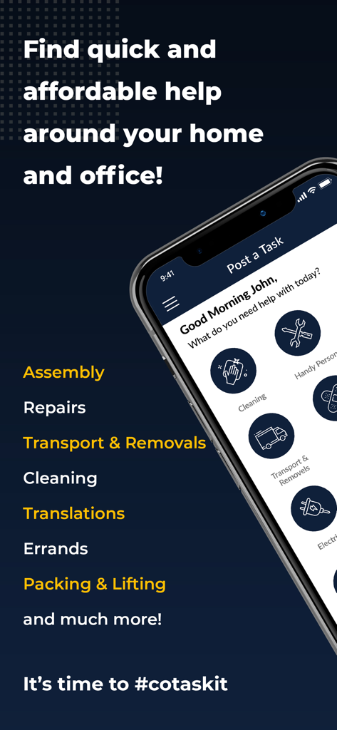 Co-Tasker - Interfaz de la aplicación móvil Co-Tasker que muestra categorías de servicios del hogar y oficina como montaje y limpieza