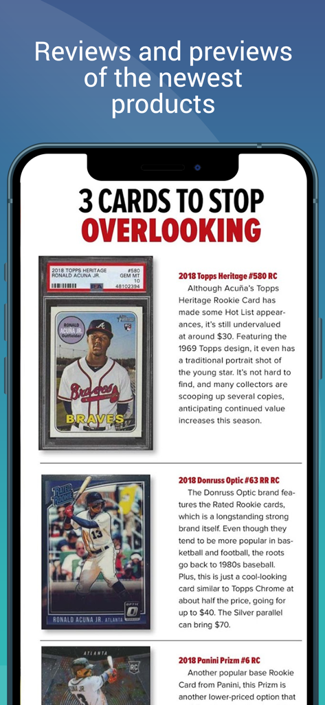 Beckett Baseball App-Bildschirm, der Rezensionen und Vorschauen von Baseballkartenprodukten anzeigt