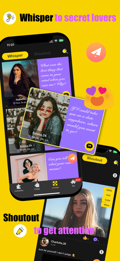 Flirt Casual Dating App - Rizz - Rizz dating app interface displaying Whisper and Shoutout social features