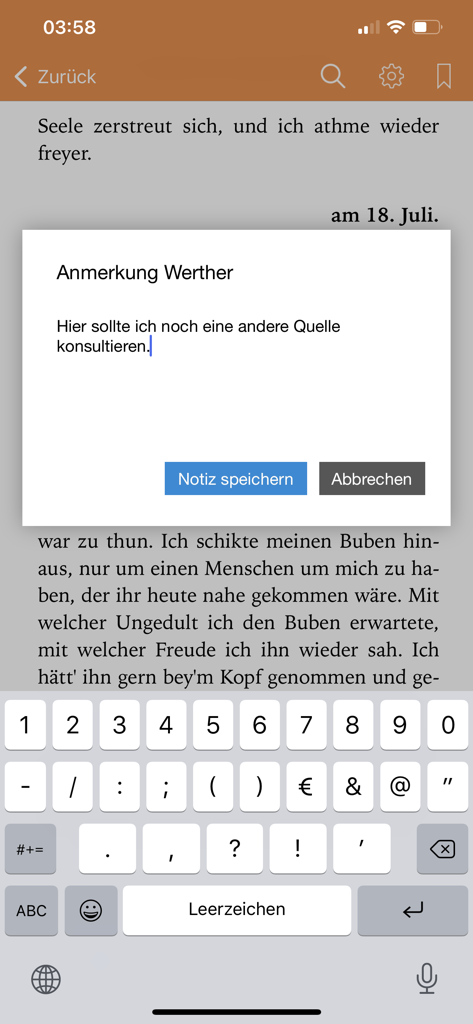 Deutsche Klassiker - A user adding a personal annotation to a digital edition of Goethe's Werther using the Deutsche Klassiker app interface.