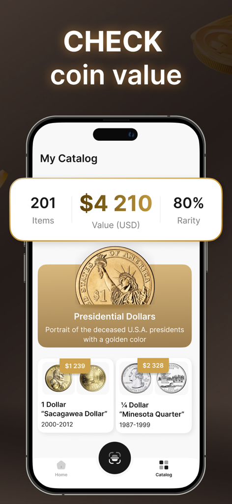 Interfaz de una aplicación móvil que muestra un catálogo de colección de monedas con el valor total de mercado de los artículos y los precios de monedas específicas