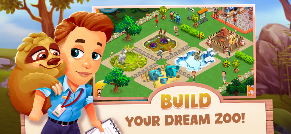 Zoo Craft - Animal Park Tycoon - Un cuidador de zoológico con un perezoso en su espalda frente a un colorido parque de animales con elefantes y hábitats